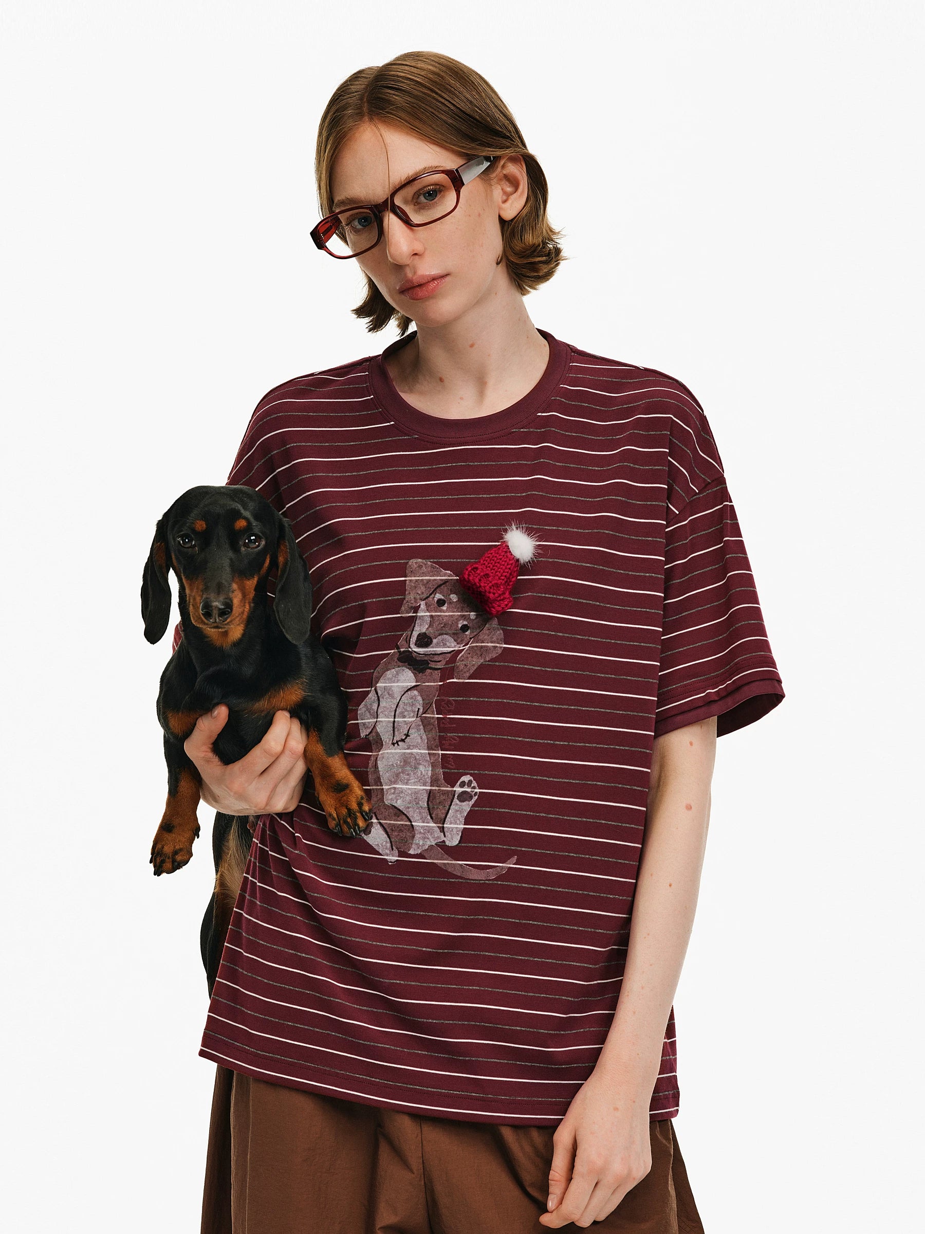 Dachshund Graphic Striped Cotton T-Shirt