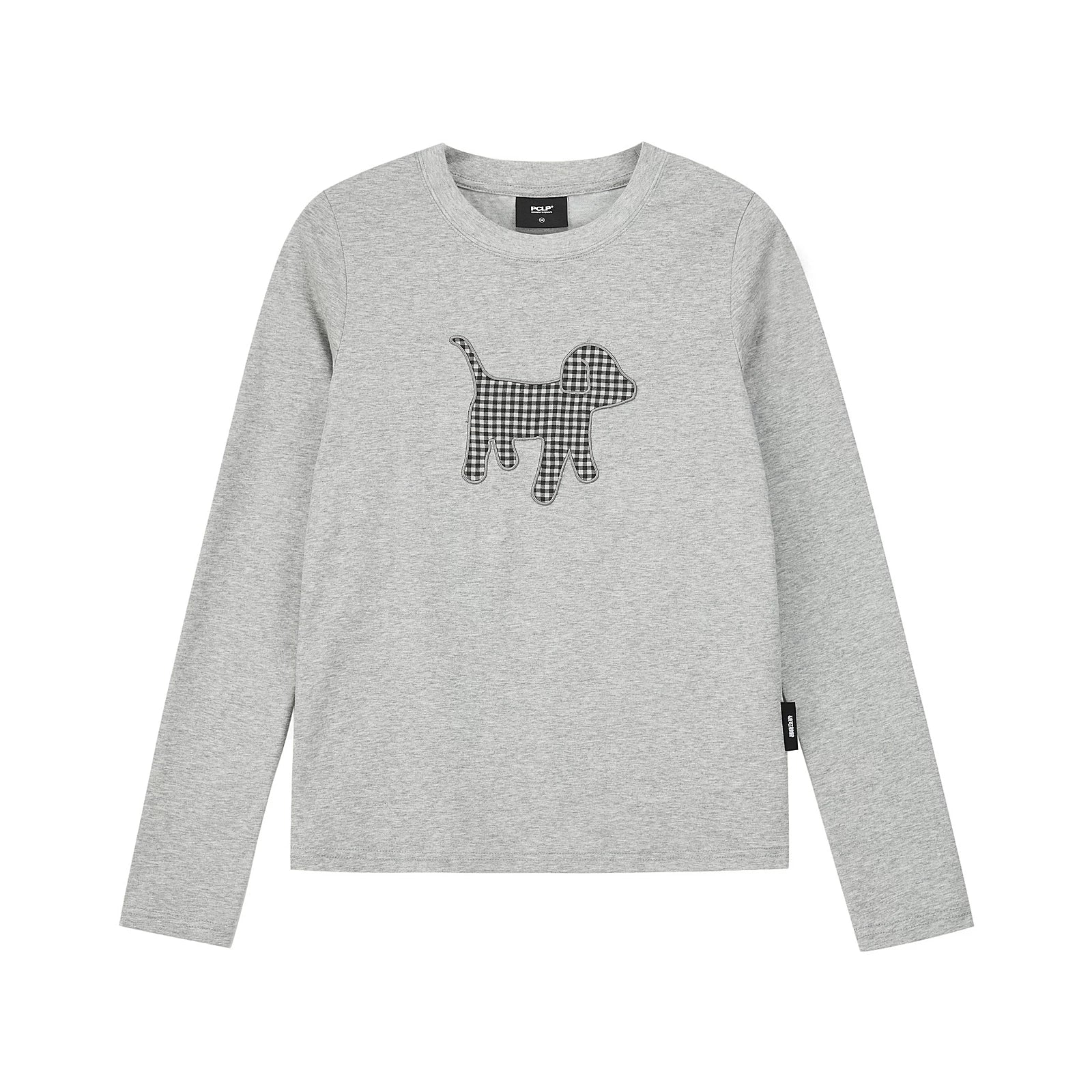 Embroidered Plaid Dog Crew Neck Top