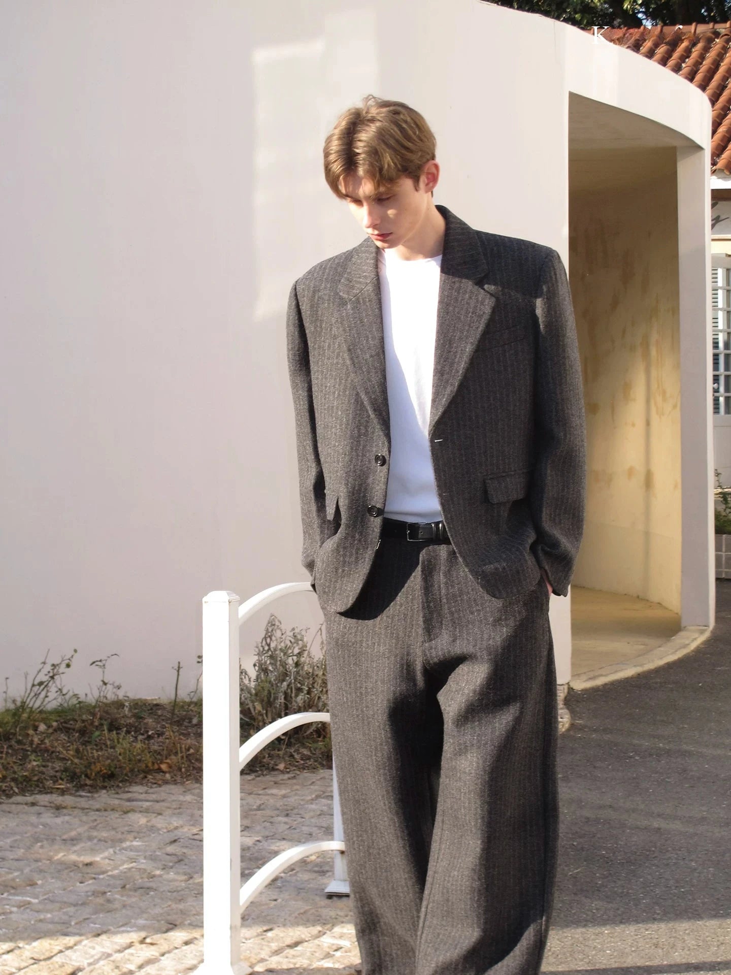 Pinstriped Wool Blend Tailored Suit