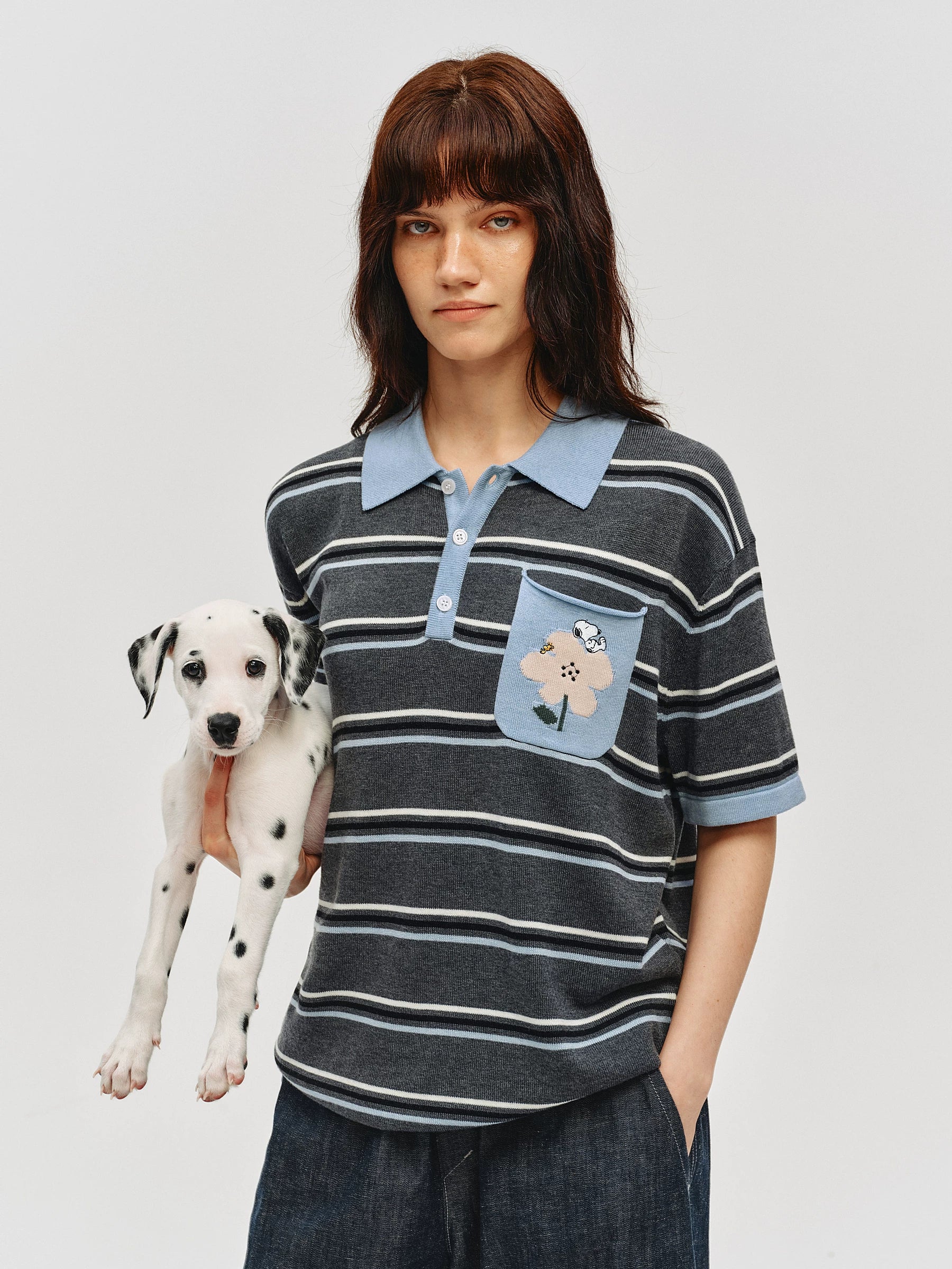 Snoopy Embroidered Striped Knit Polo