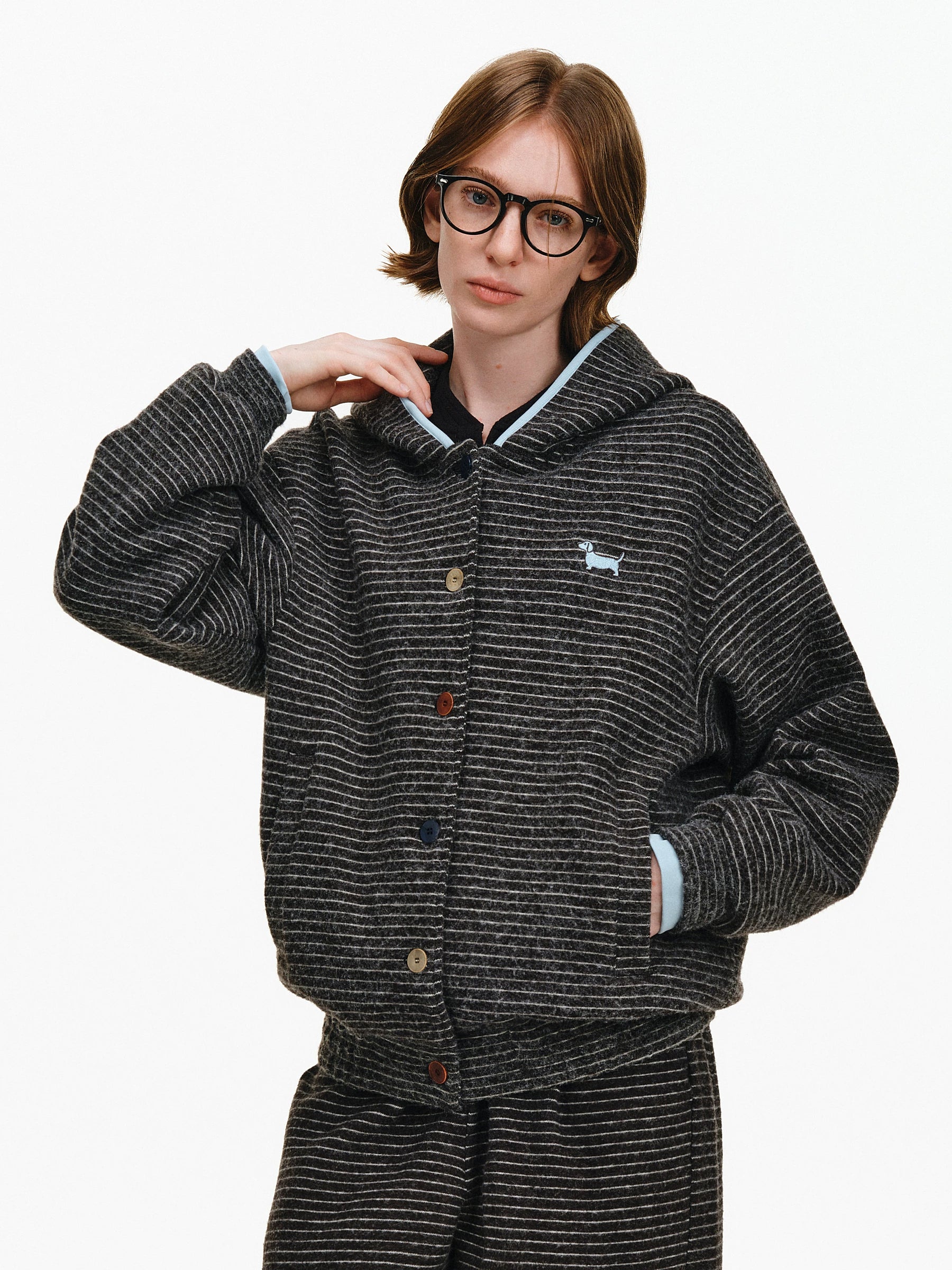 Striped Puppy Embroidered Hooded Cardigan