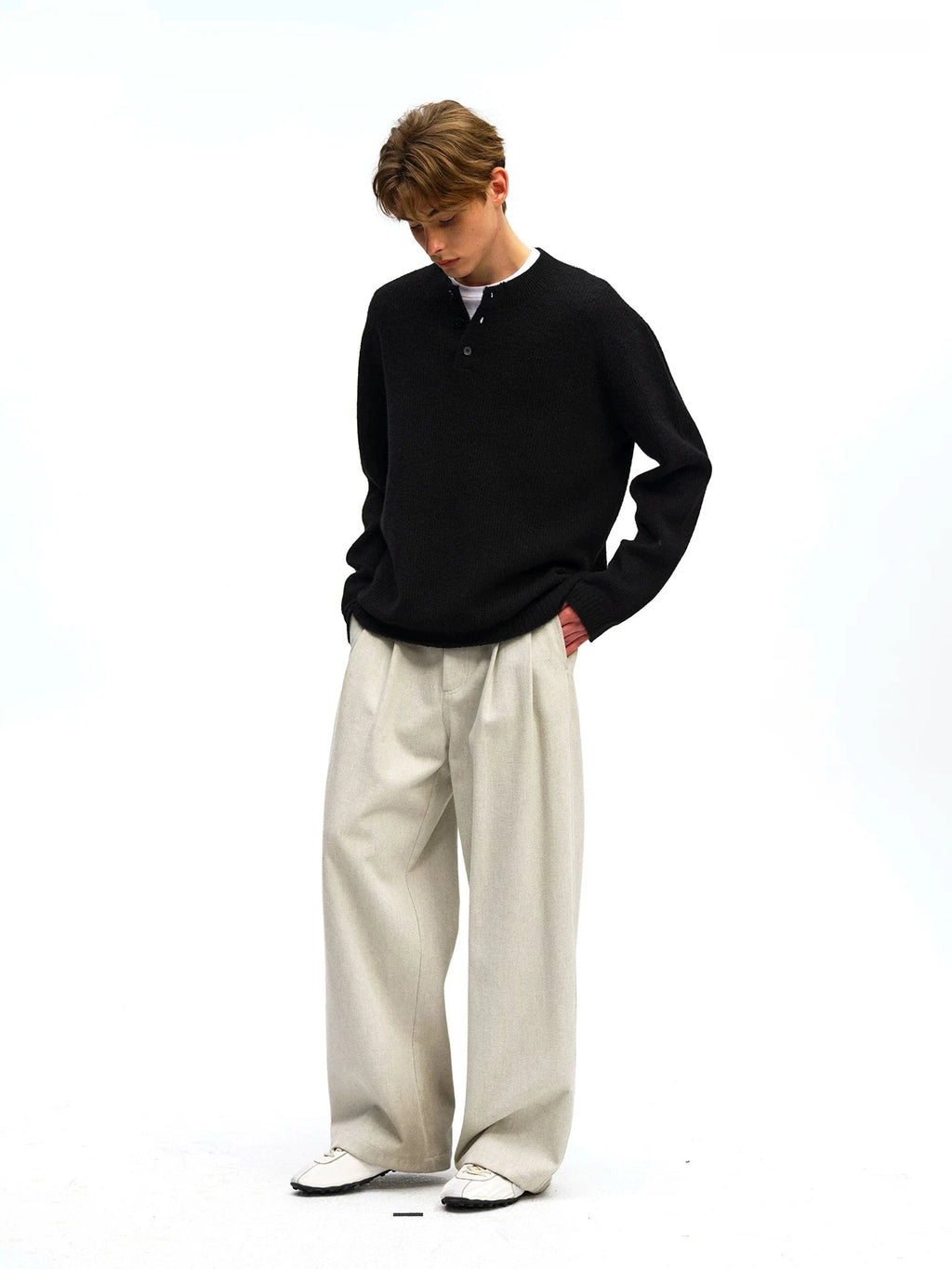 Pleated Wide-Leg Twill Trousers
