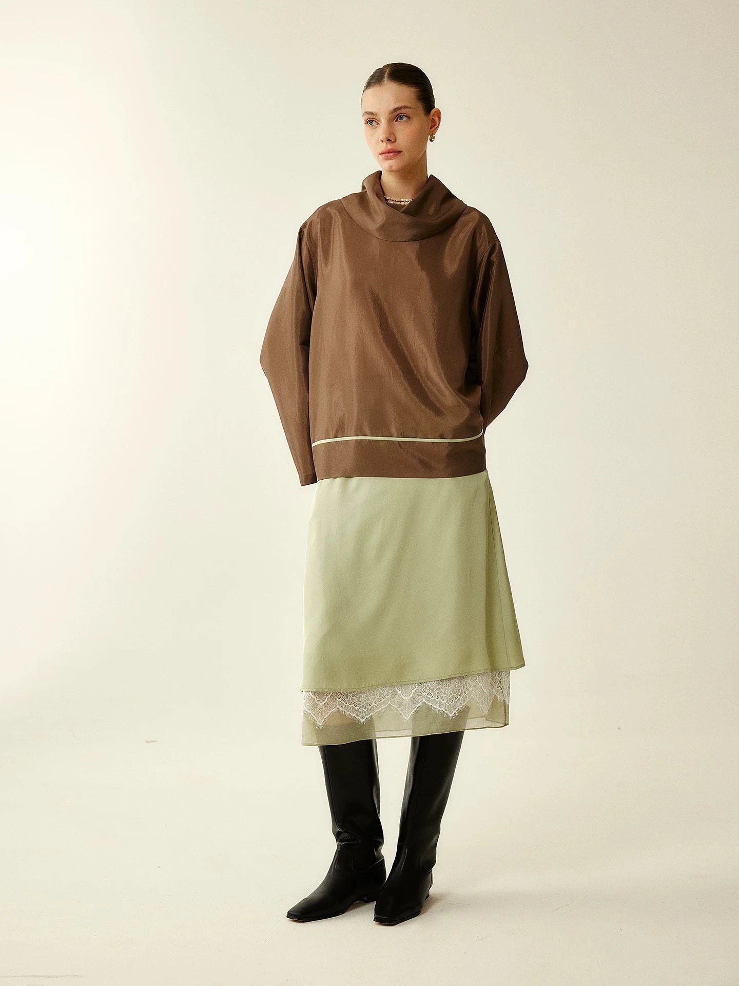 Satin Cowl Neck Long Sleeve Top