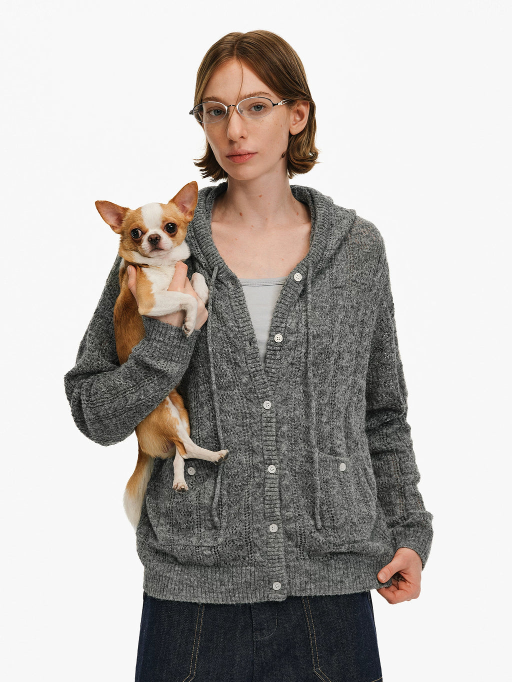 Hollow-Knit Hooded Cardigan