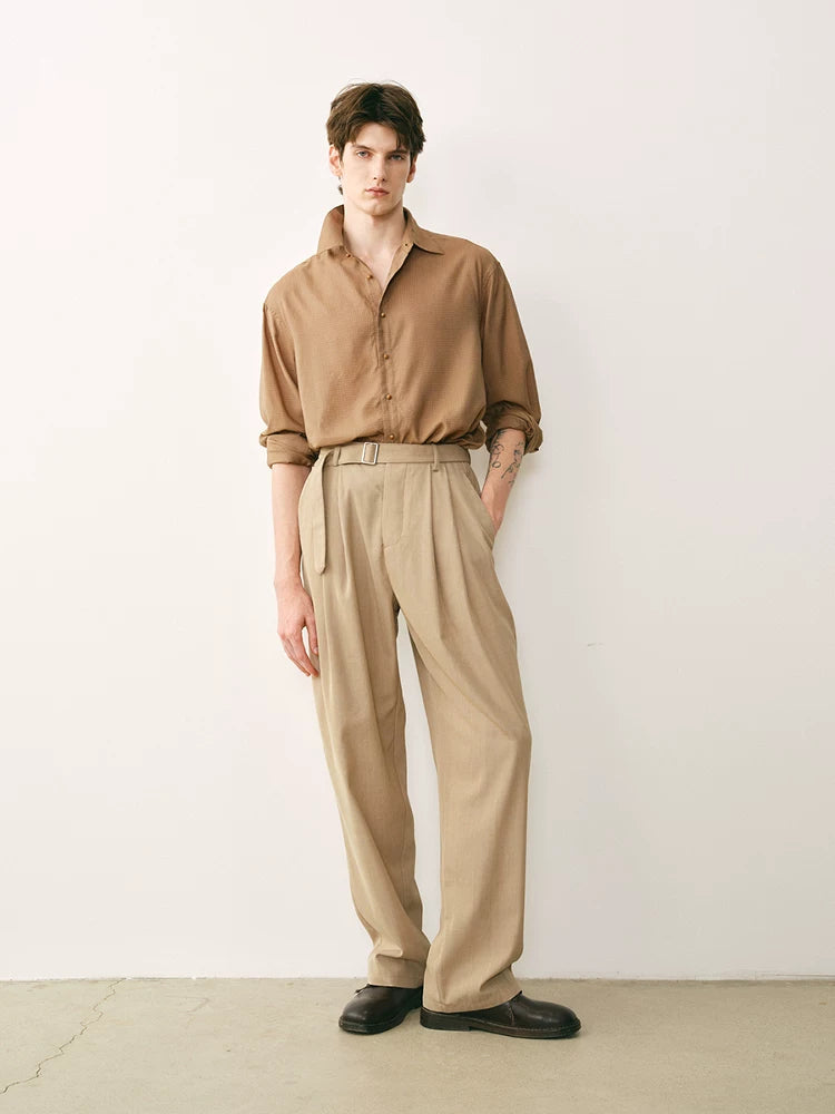 Wool Blend Pleated Belted Trousers