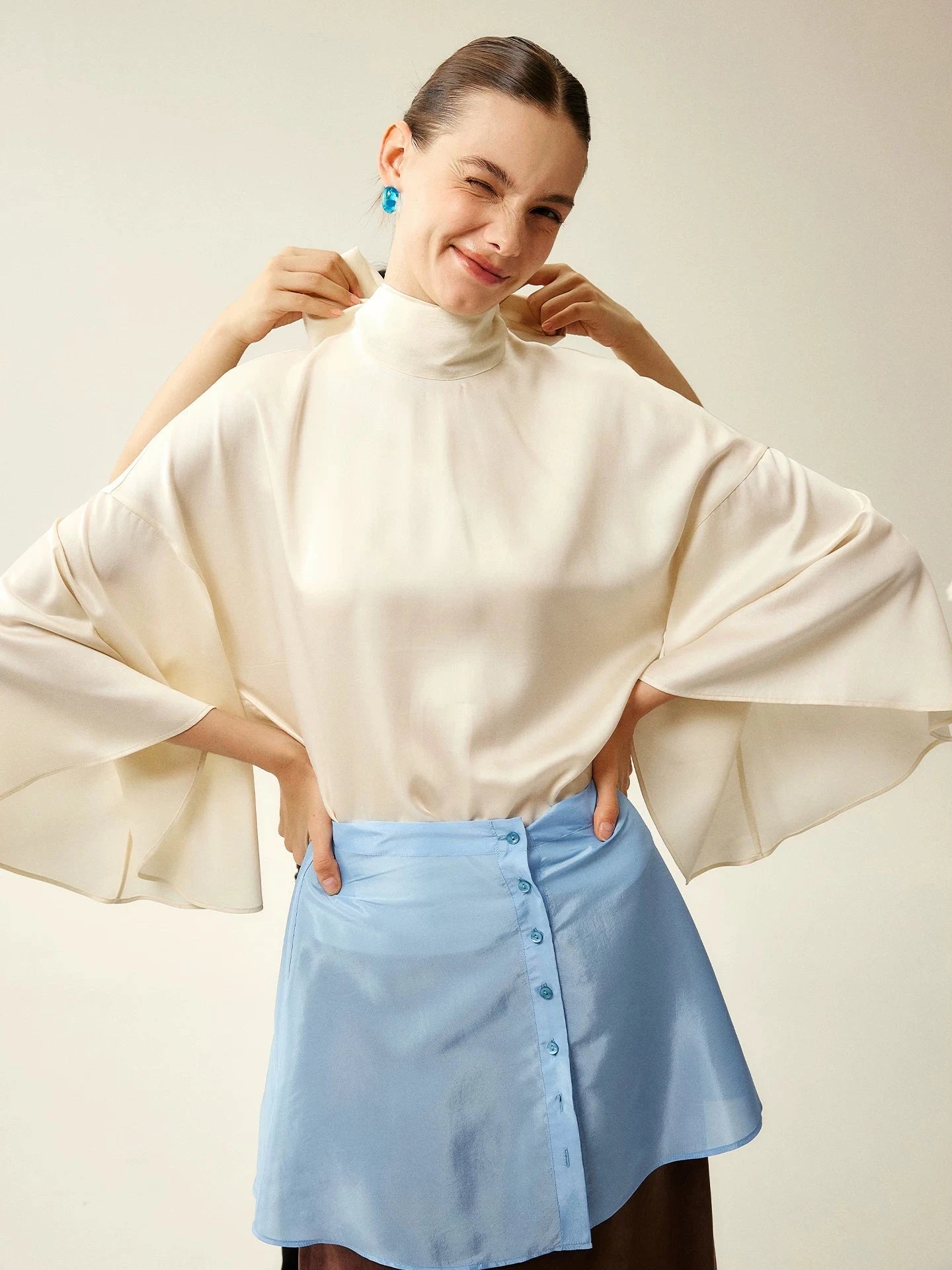 Silk Satin Tie-Neck Bell-Sleeve Blouse
