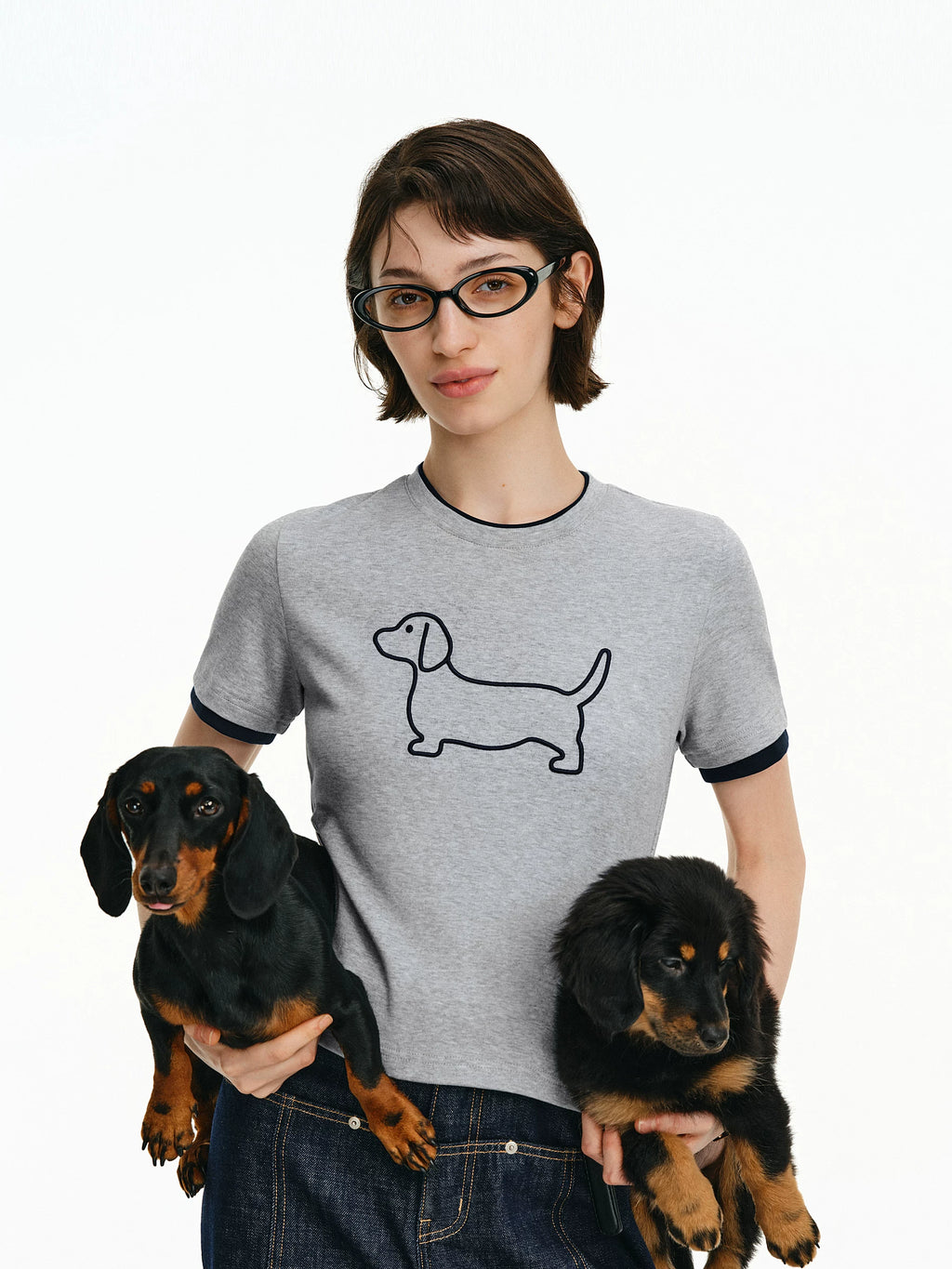 Embroidered Puppy Graphic Ringer T-Shirt