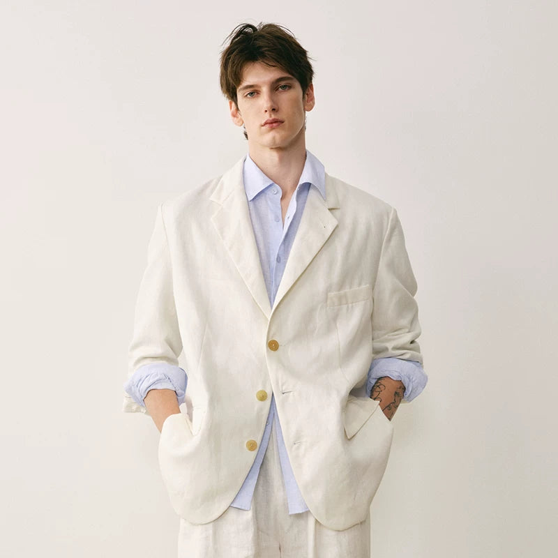 Linen Three-Button Tailored Blazer