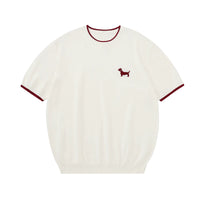 Puppy Embroidered Contrast Trim Knit Top