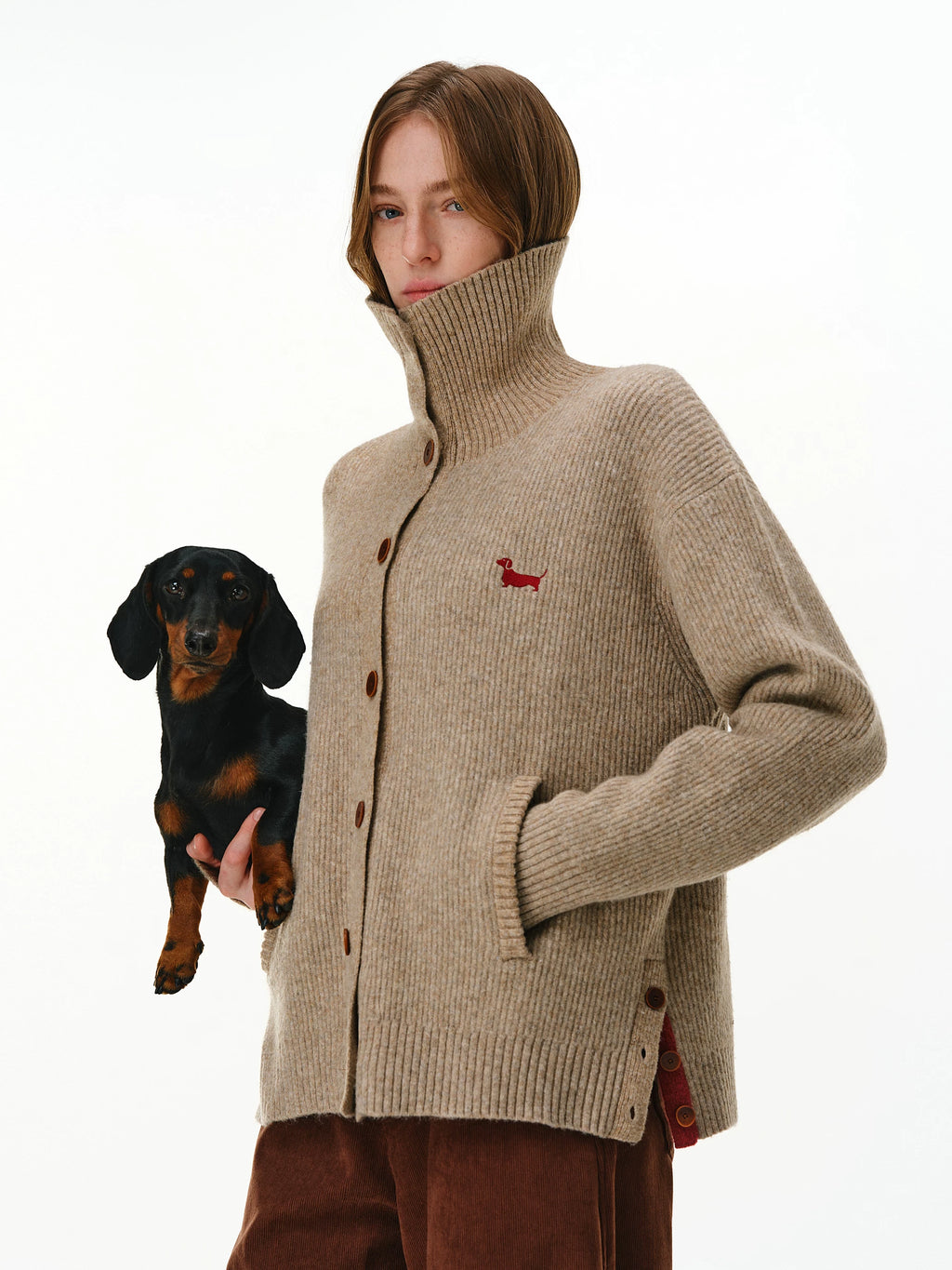 Wool Blend Embroidered Turtleneck Cardigan