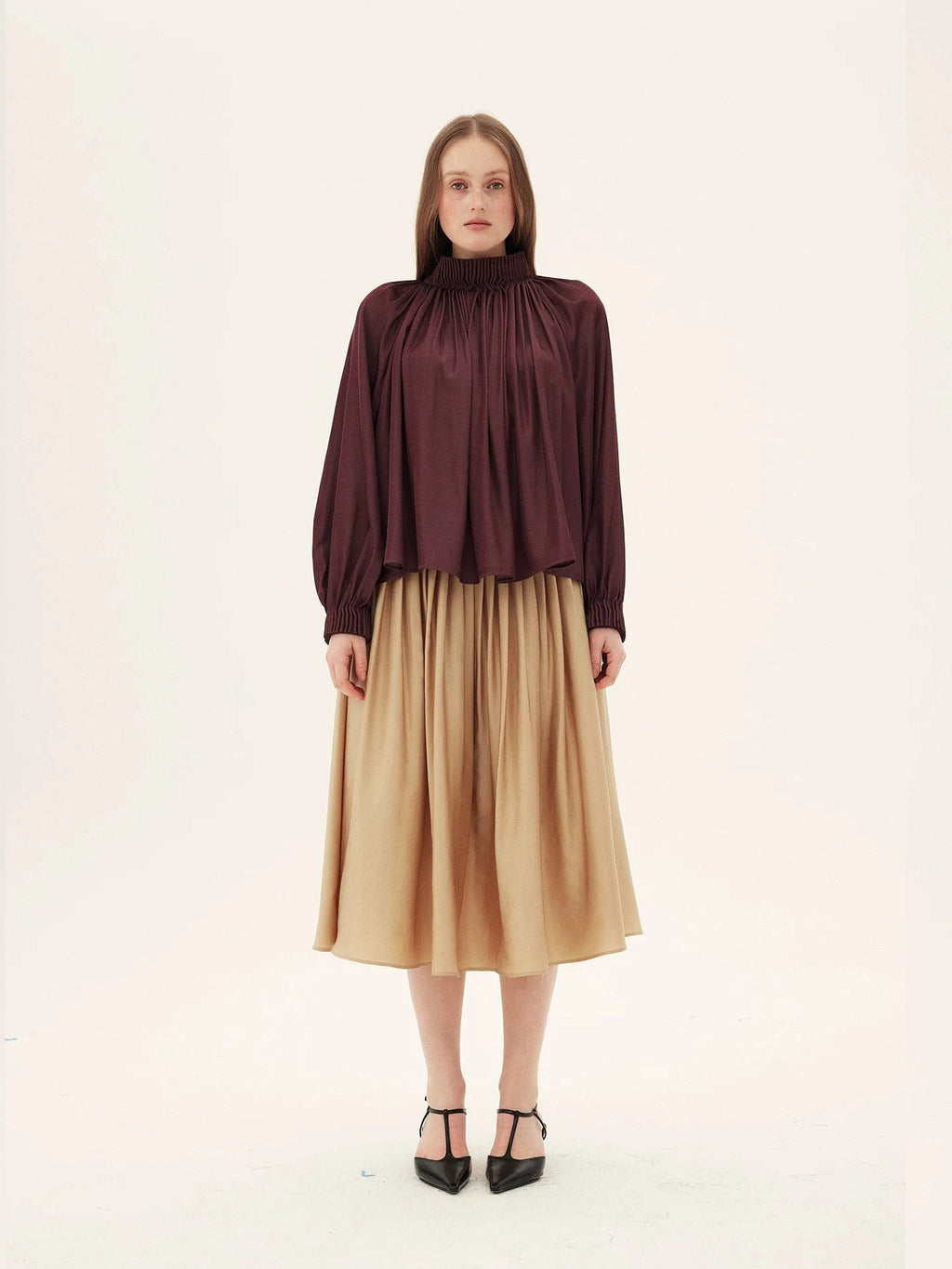 Rum-Colored Pleated Stand-Collar Blouse