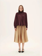 Rum-Colored Pleated Stand-Collar Blouse