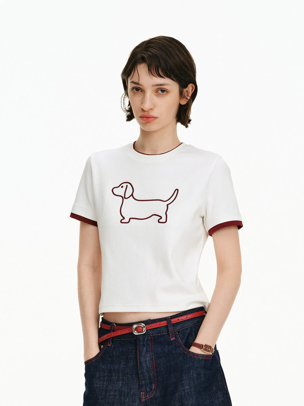 Embroidered Puppy Graphic Ringer T-Shirt