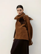 Asymmetrical Suede Jacket With Integrated Scarf