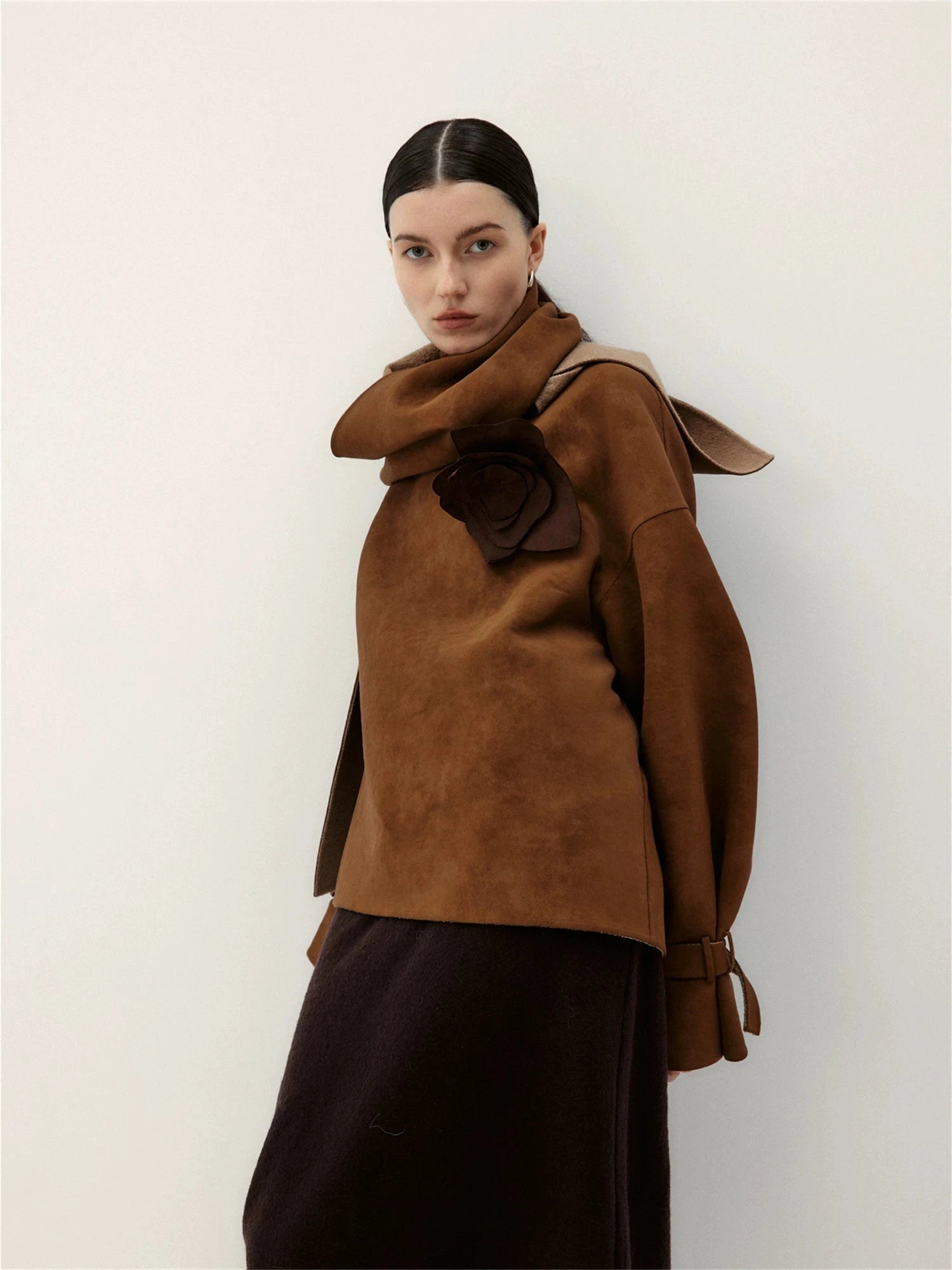 Asymmetrical Suede Jacket With Integrated Scarf