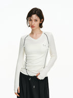 Contrast Stitch V-Neck Long Sleeve Top