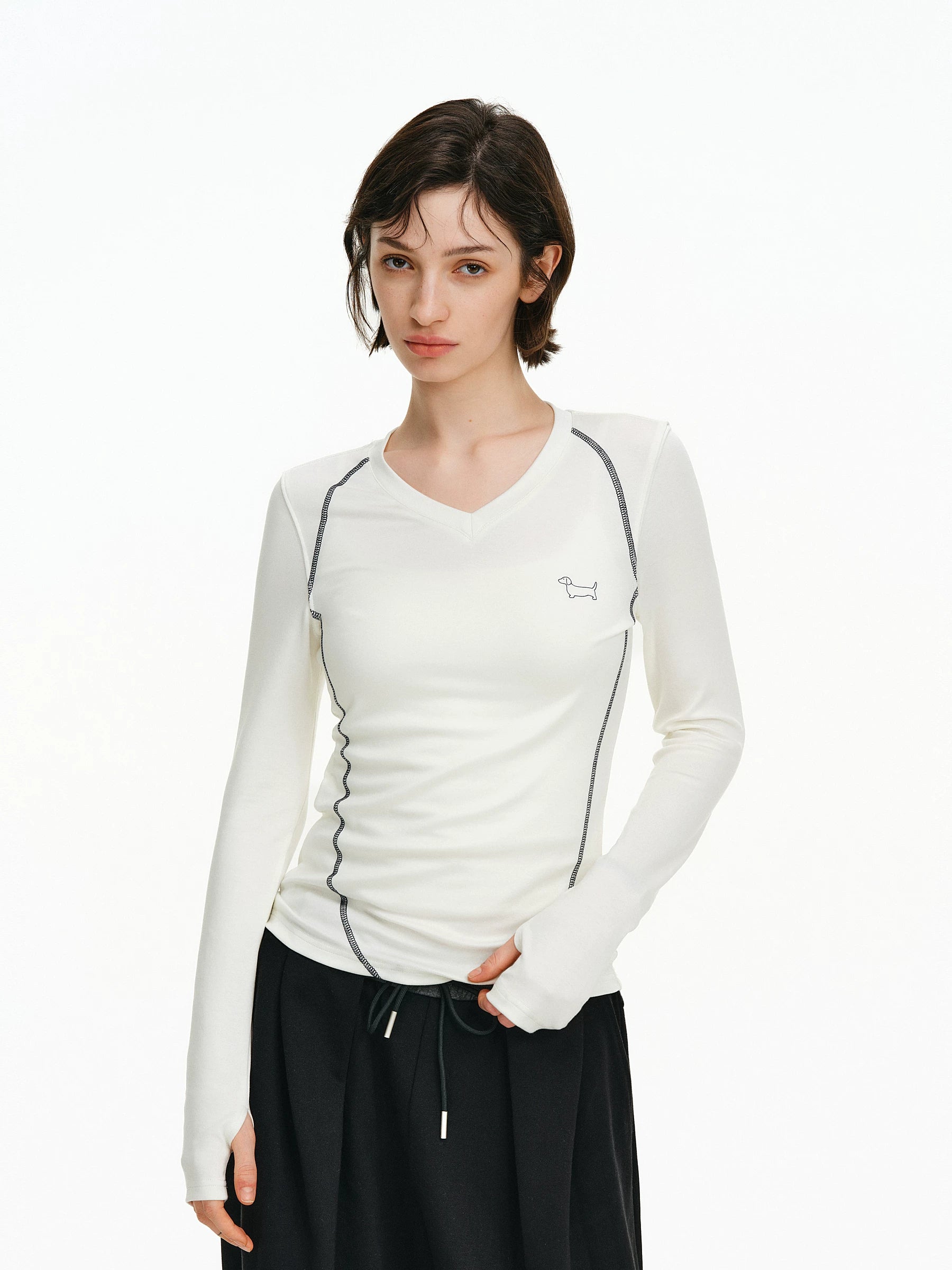 Contrast Stitch V-Neck Long Sleeve Top
