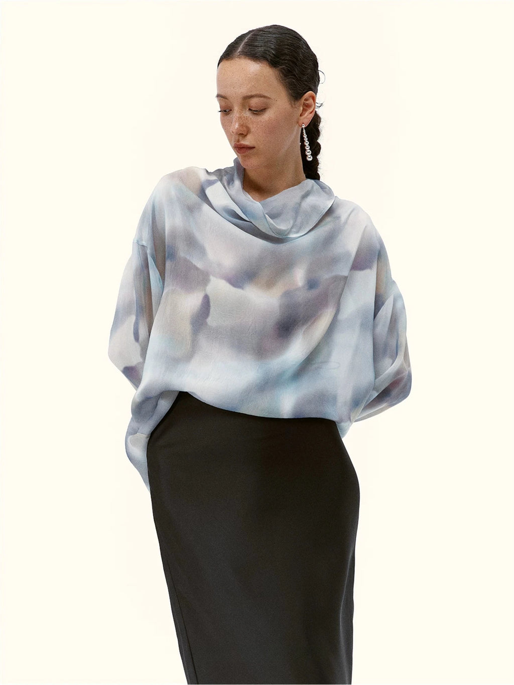 Abstract Print Silk Drape Blouse