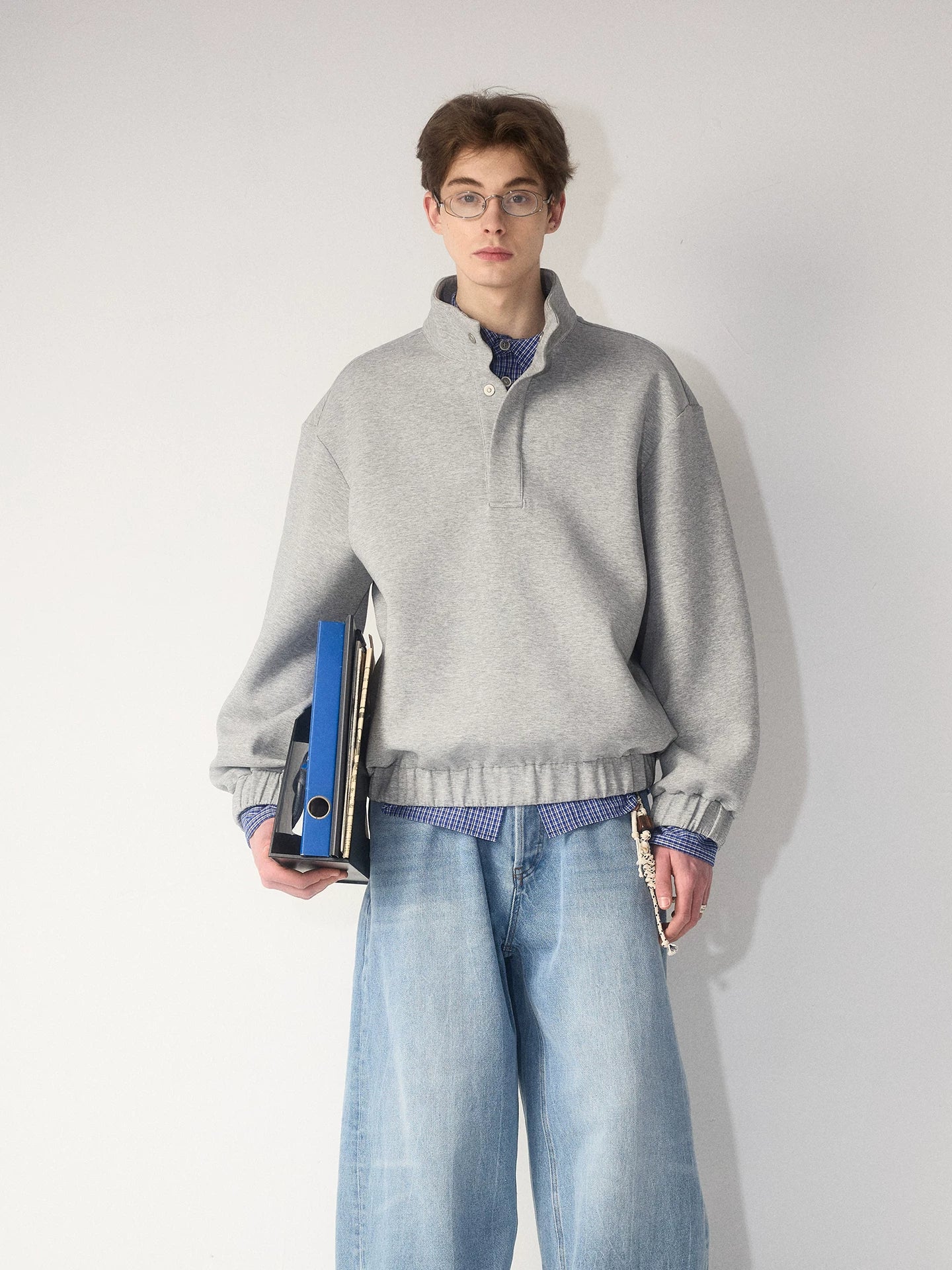 Magnetic Button Mock Neck Sweatshirt