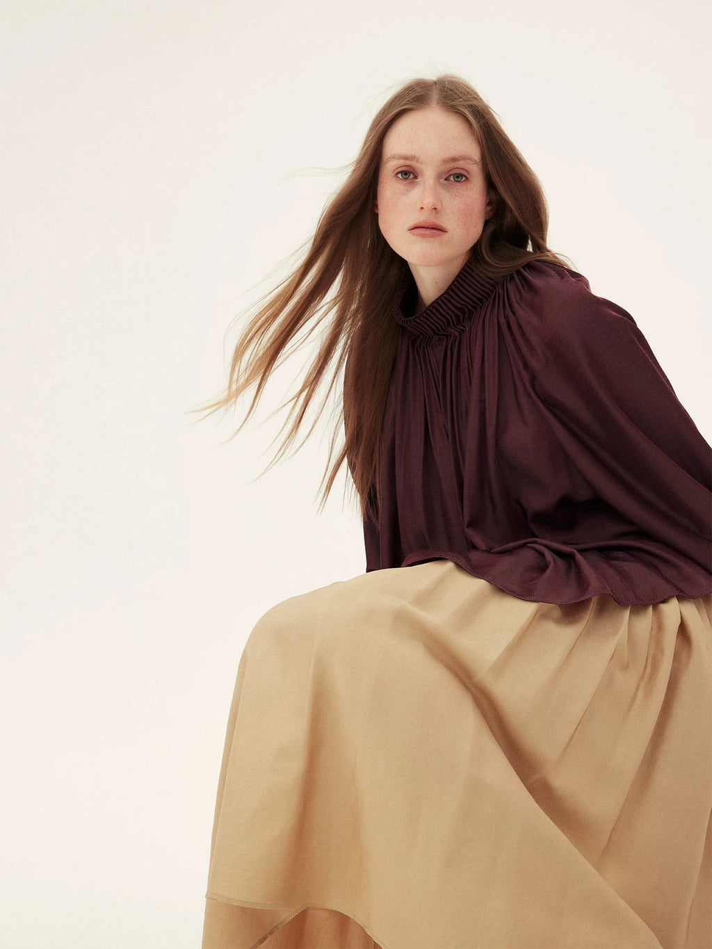 Rum-Colored Pleated Stand-Collar Blouse