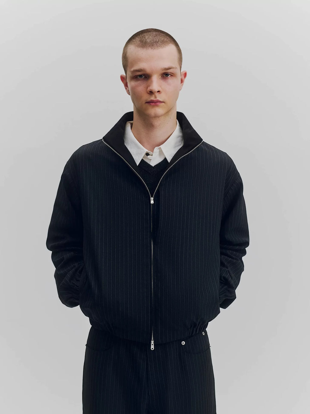 Striped Wool Stand Collar Bomber Jacket