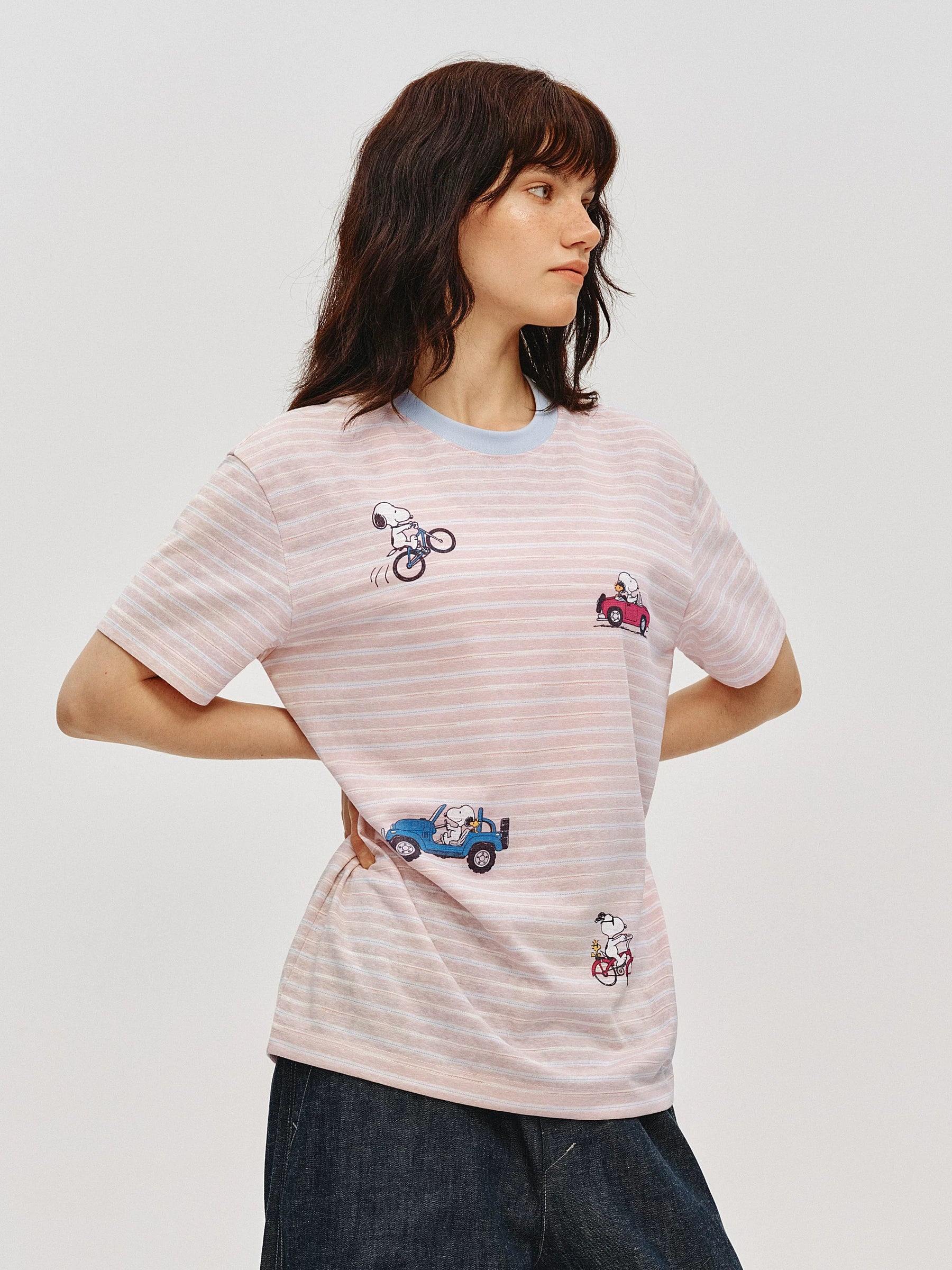Snoopy Graphic Striped Cotton T-Shirt