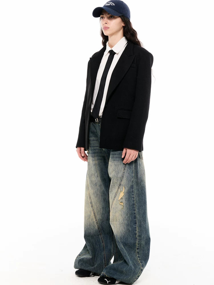 Asymwe Retro Washed Ripped Loose Fit Scimitar Jeans Versatile Casual Banana Pants