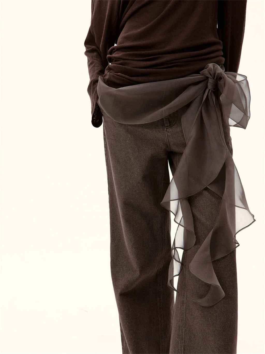 Tulle-Accented High-Waisted Straight Jeans