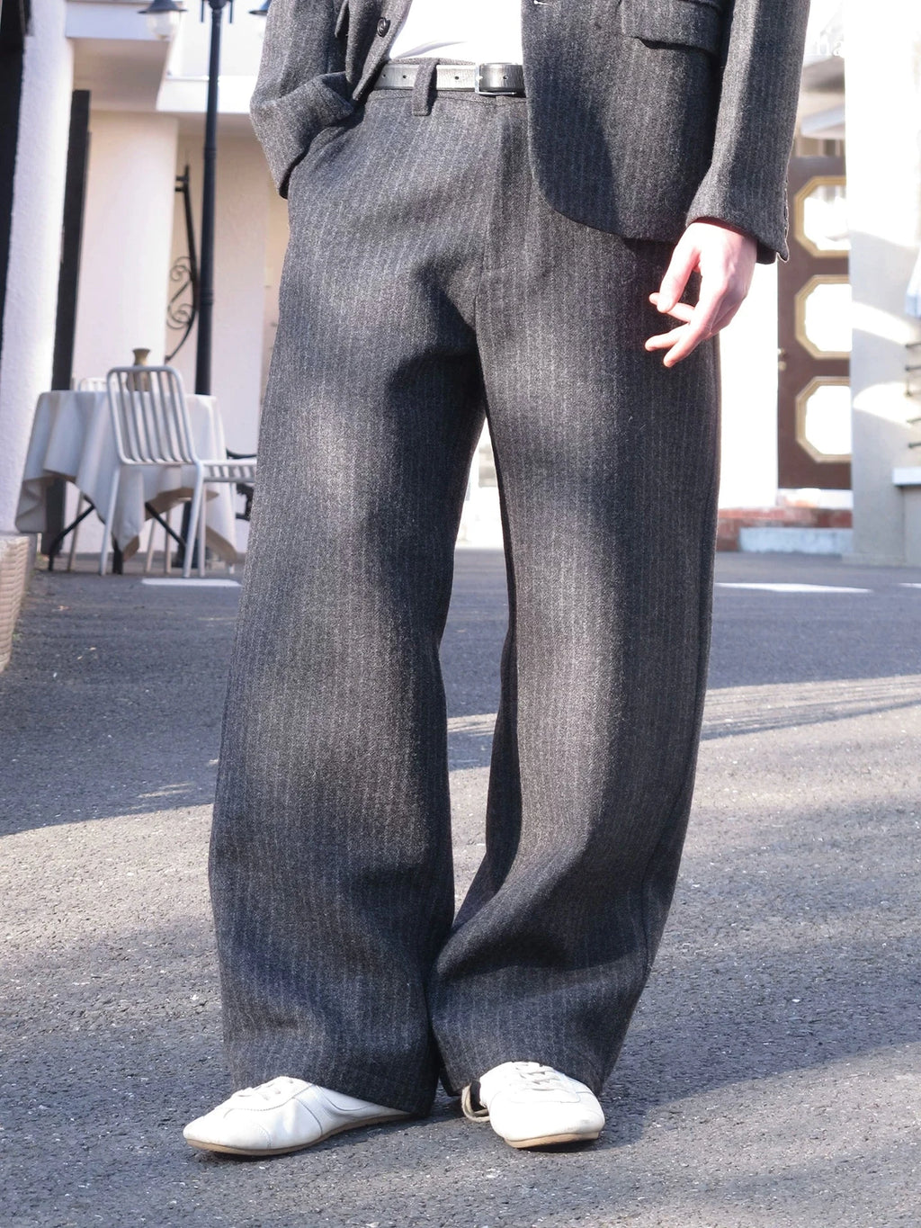 Pinstriped Wool Blend Tailored Suit