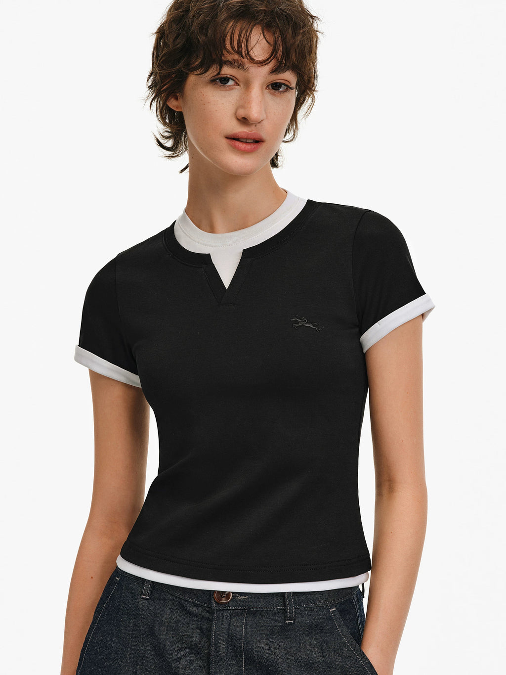 Embroidered V-Neck Layered T-Shirt