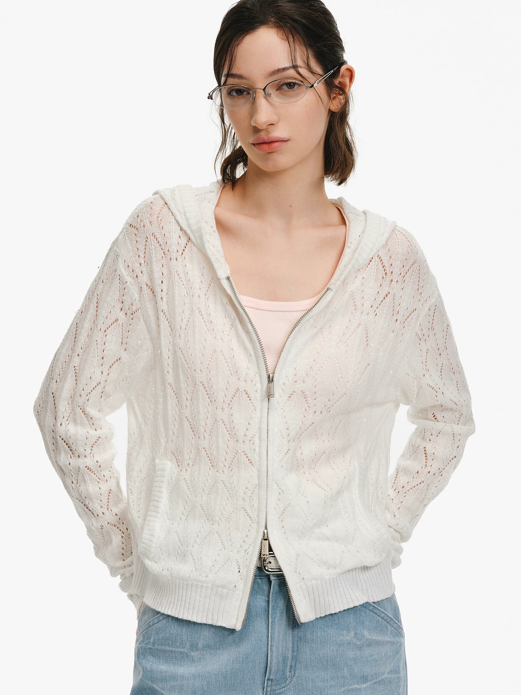 Diamond Knit Hooded Zip-Up Cardigan