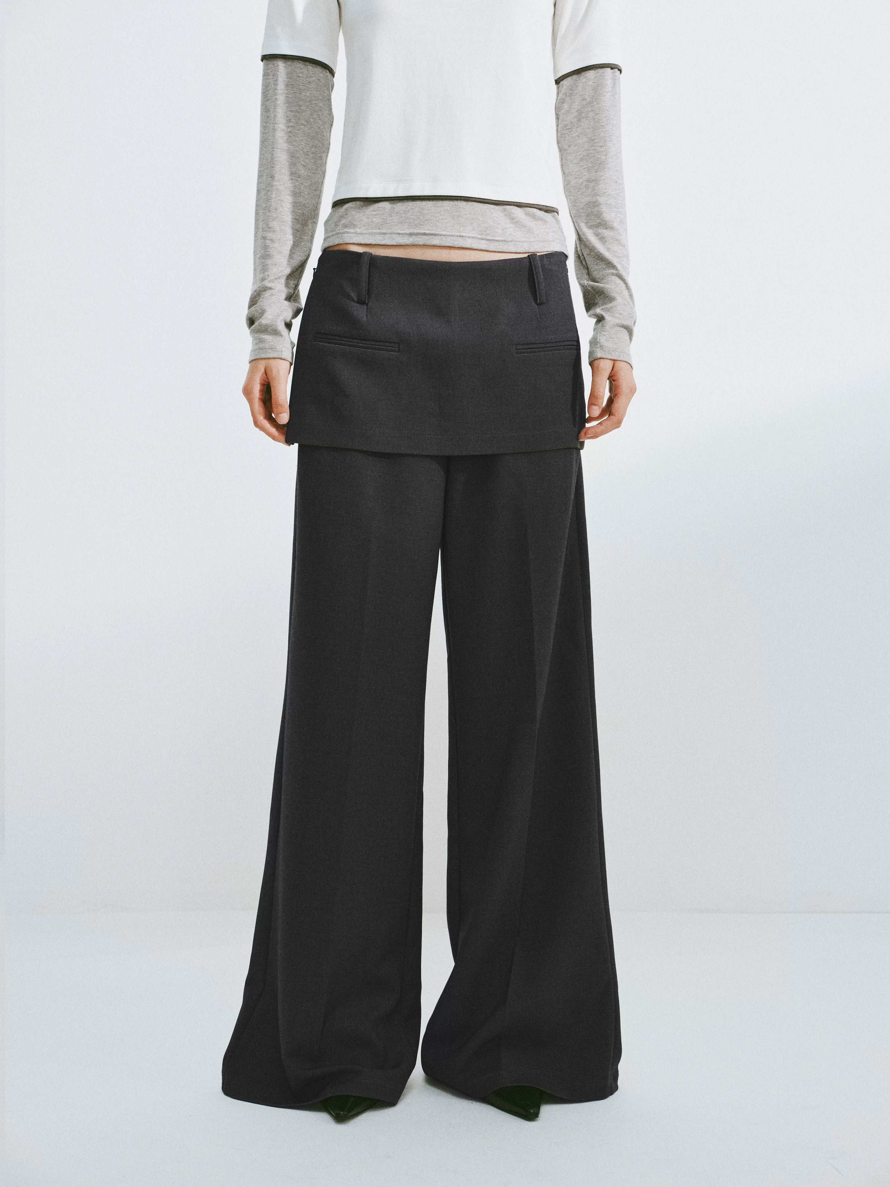 Layered Faux-Skirt Wide-Leg Trousers