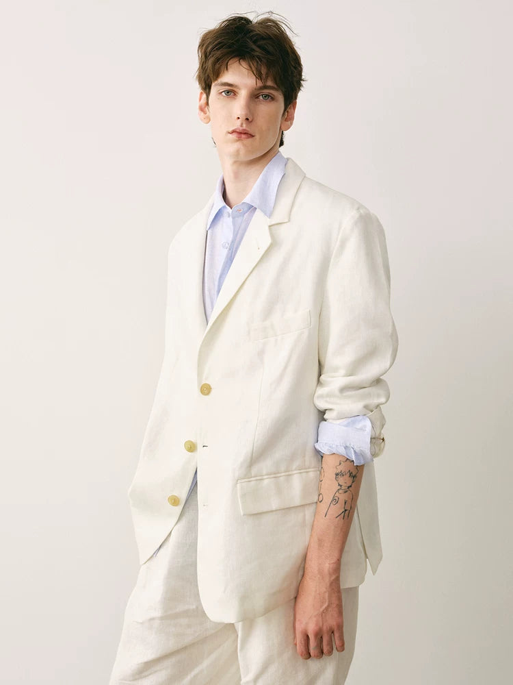Linen Three-Button Tailored Blazer