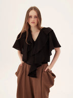 Plaid Ruffle Sleeve V-Neck Top