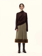 Faux Fur Trimmed A-Line Midi Skirt
