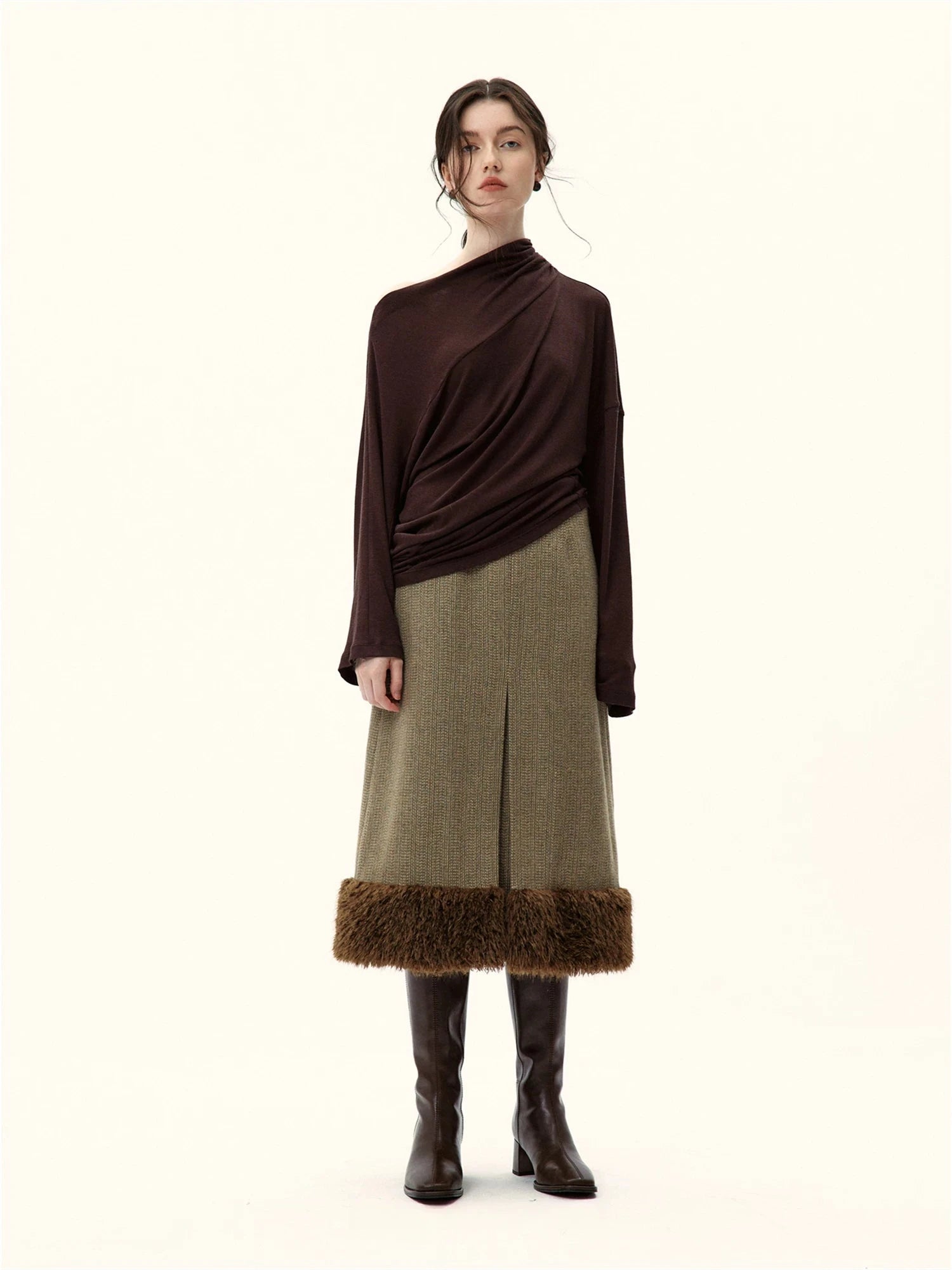 Faux Fur Trimmed A-Line Midi Skirt