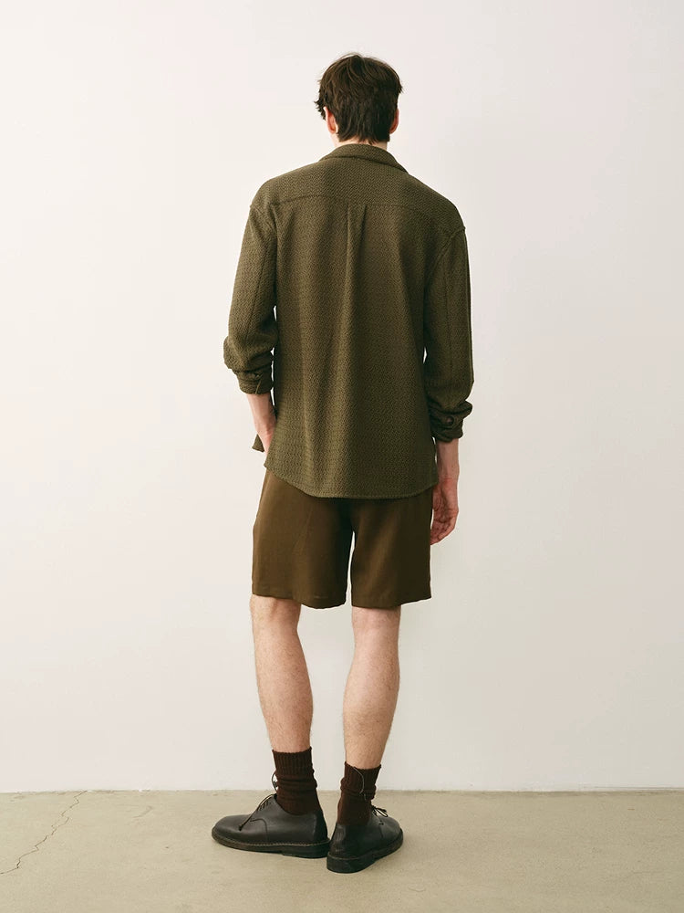 Textured Olive Cuban Collar Shirt