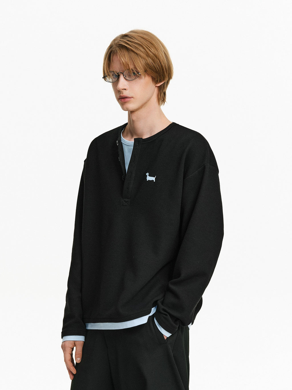Embroidered Waffle Knit Henley