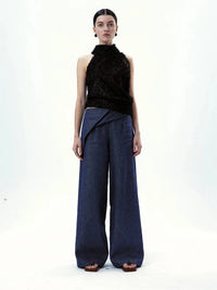 Asymmetrical Waistband Wide-Leg Denim Trousers
