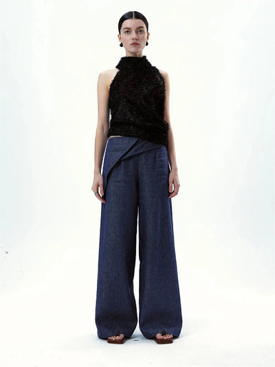 Asymmetrical Waistband Wide-Leg Denim Trousers
