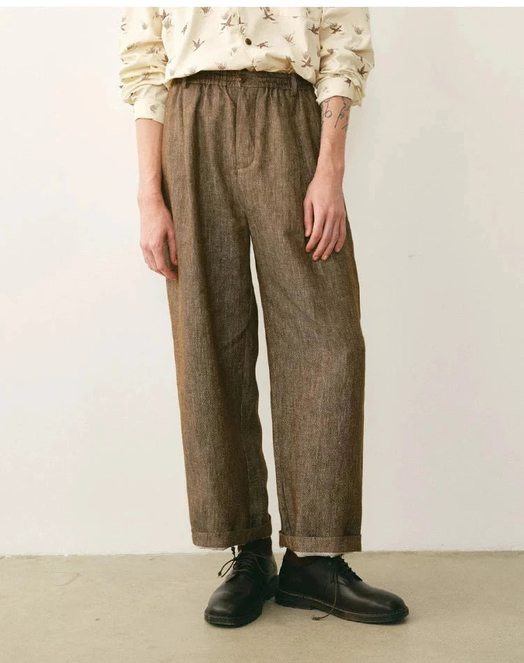 Linen Blend Elastic Waist Cropped Trousers