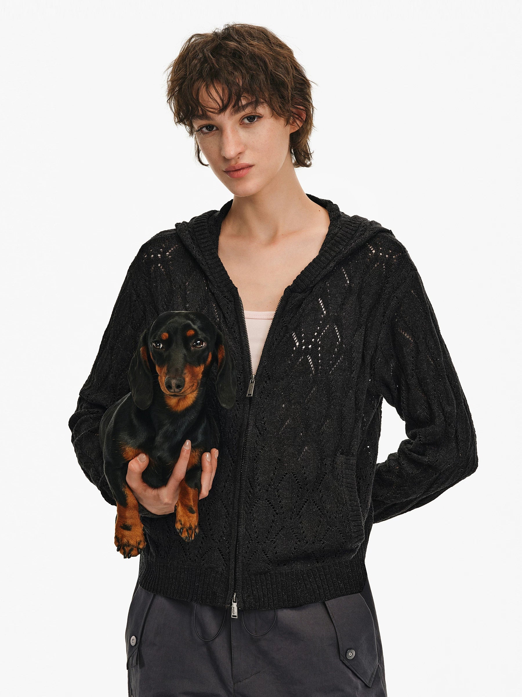 Diamond Knit Hooded Zip-Up Cardigan