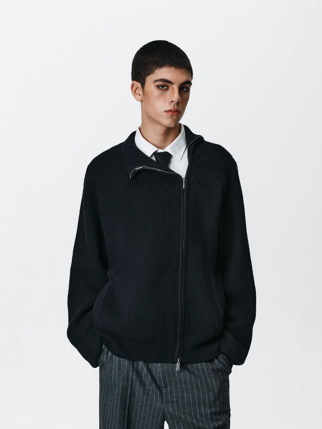 Asymmetric Zip Ribbed Knit Cardigan