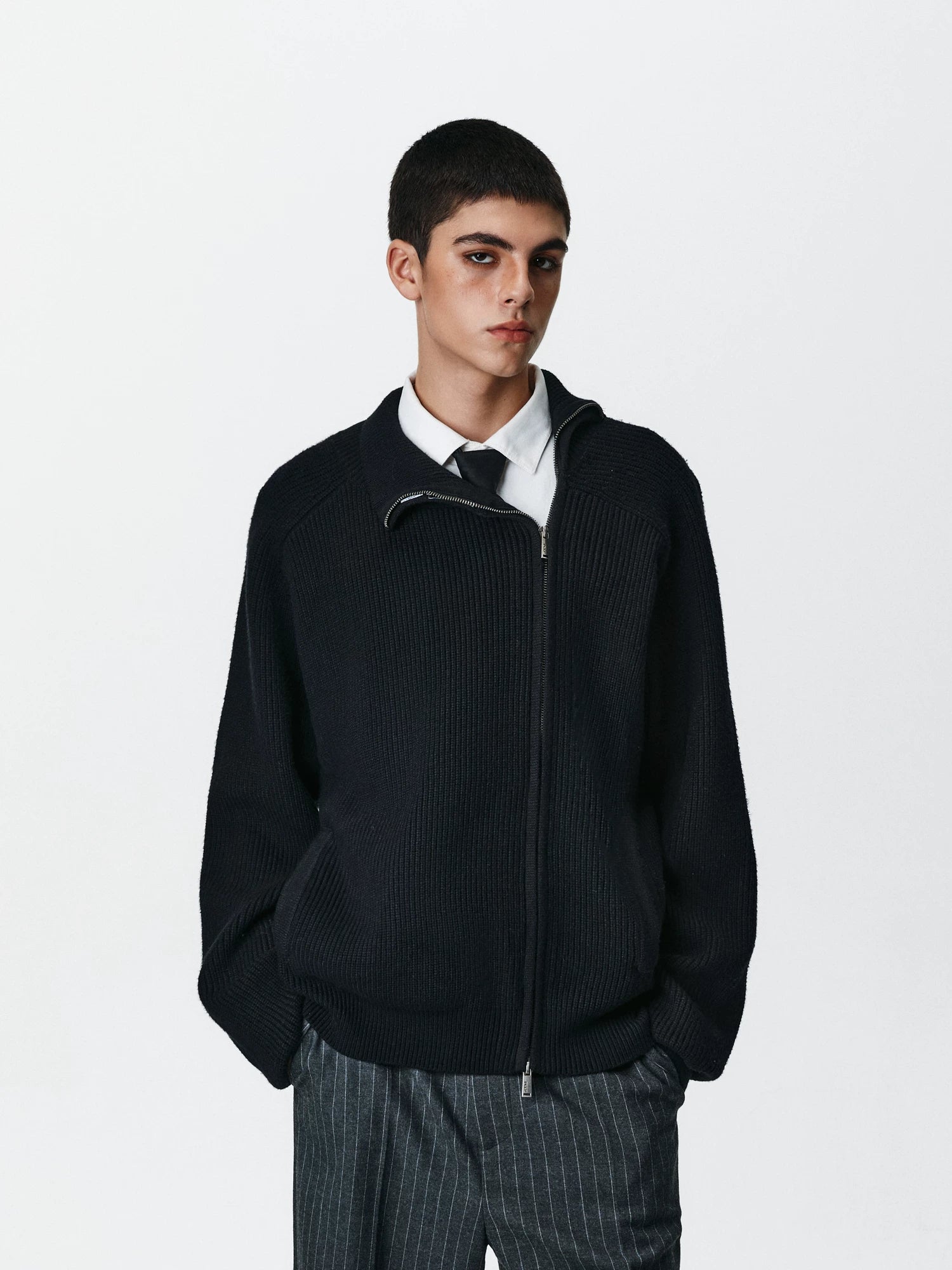 Asymmetric Zip Ribbed Knit Cardigan