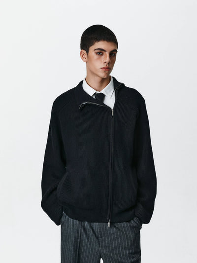 Asymmetric Zip Ribbed Knit Cardigan