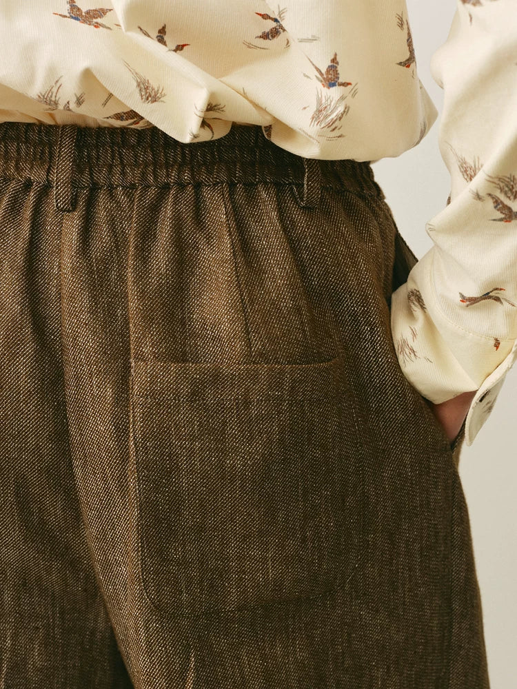 Linen Blend Elastic Waist Cropped Trousers