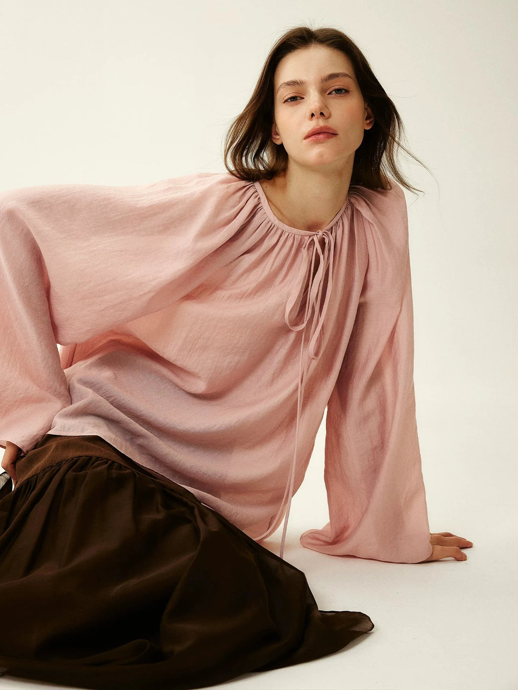 Smoky Pink Pleated Tie-Neck Blouse