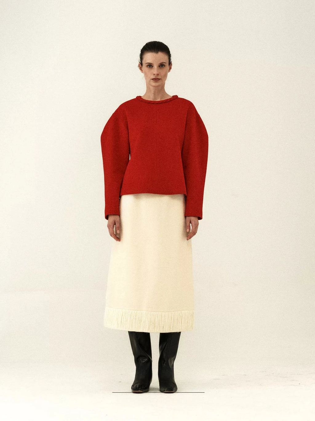 Fringed Hem Wool Midi Skirt
