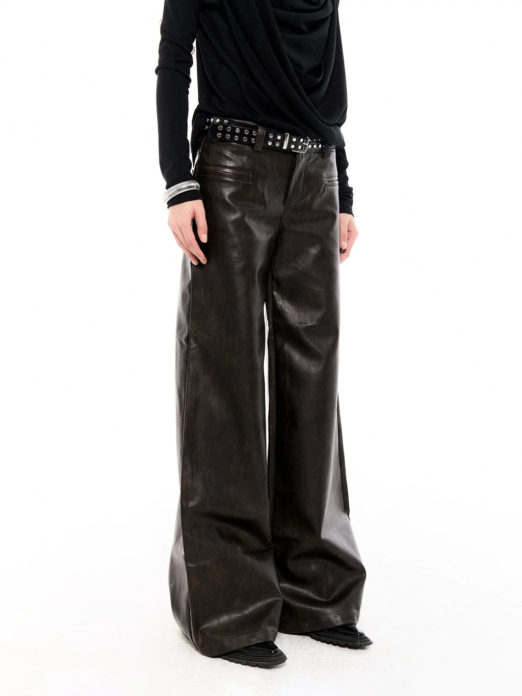 Faux Leather Wide-Leg Trousers