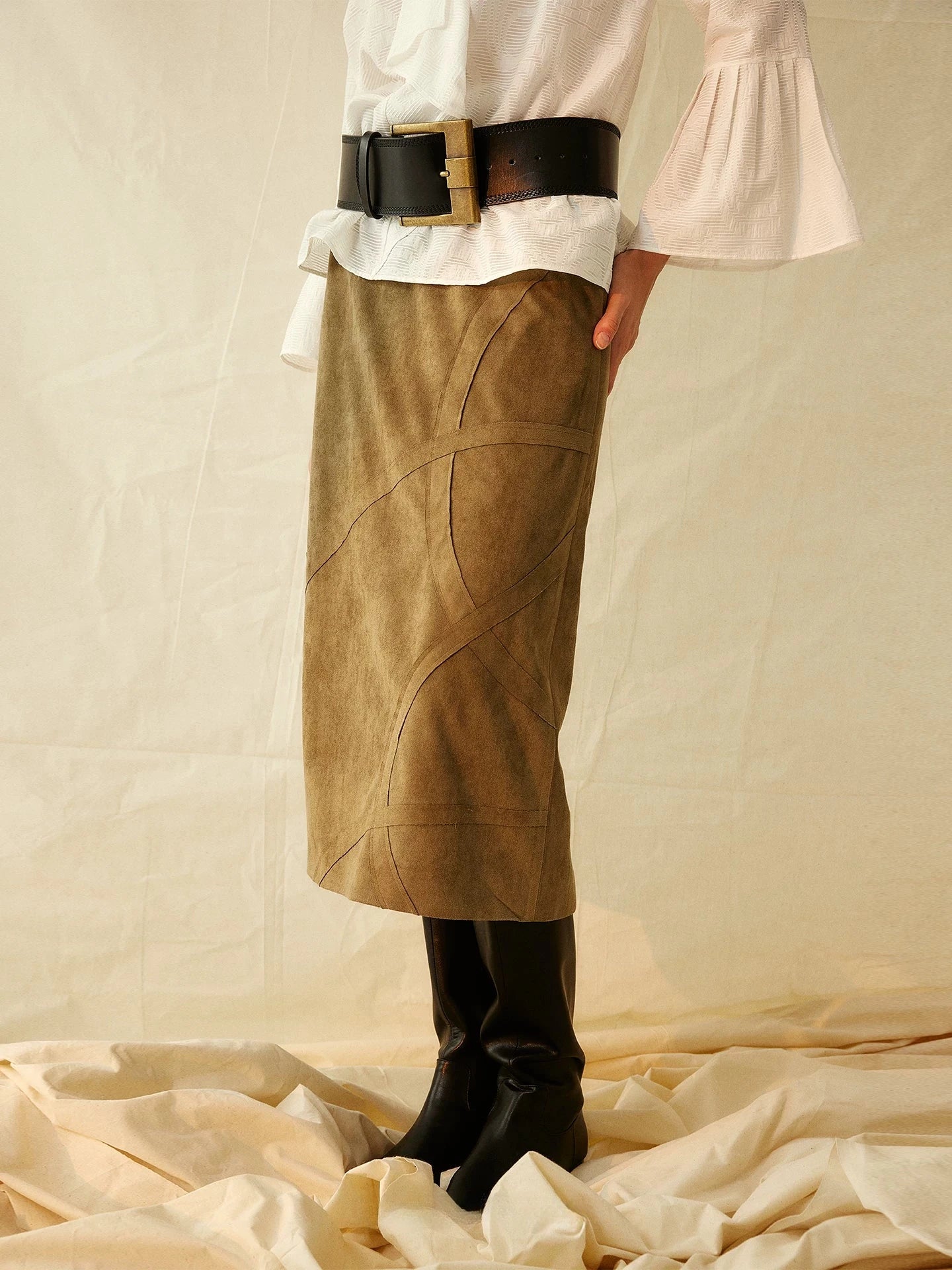 Suede Patchwork Midi Skirt